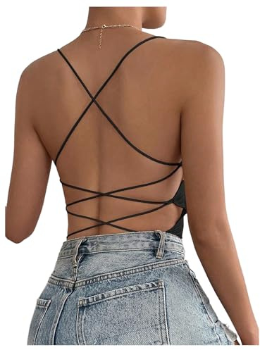 COZYEASE Women's Criss Cross Back Spaghetti Strap Bodysuits Sleeveless Backless Scoop Neck Cami Tops T Shirt Pure Black Small