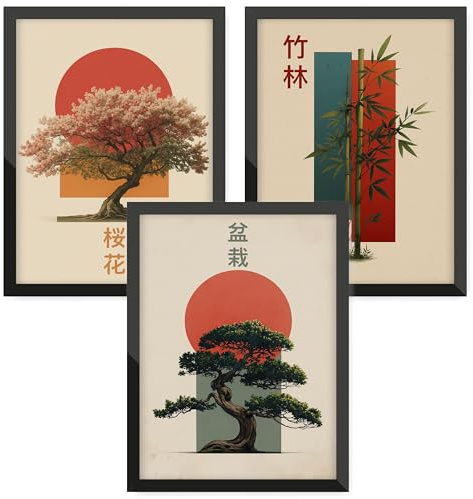 Donari Set di poster giapponesi – Quadri da parete con motivi asiatici | Kyoto, Tokyo e cultura tradizionale | Idea regalo per gli appassionati del Giappone (Set 6 - Bonsai x Bambù, 30x40 cm, Cornice