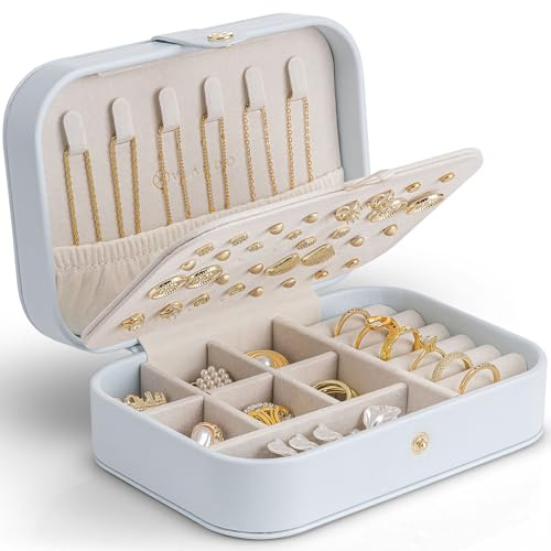 Vlando Jewellery Box, Travel Jewellery Organiser with Earring Holder, Travel Jewellery Case for Rings, Necklaces, Bracelets,Earring Organiser,Gifts for Women,Blue