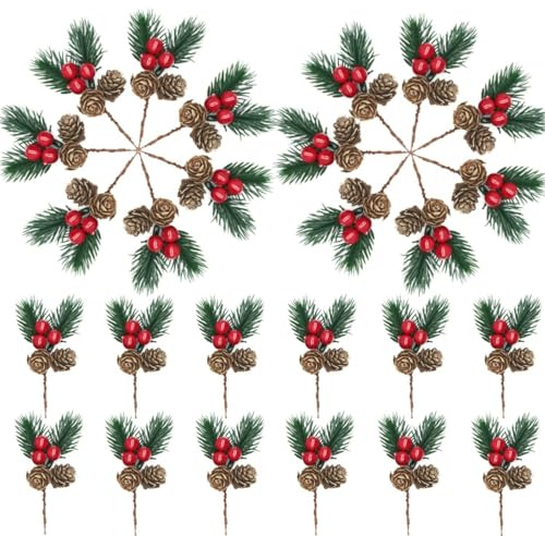 QINQINZIJIN 30 Pezzi Rami di Pino Artificiale di Natale, Rami di Abete con Bacche Rosse e Pigne Decorative Natalizie, per Ghirlande, Albero di Natale, Decorazioni Tavola Natales