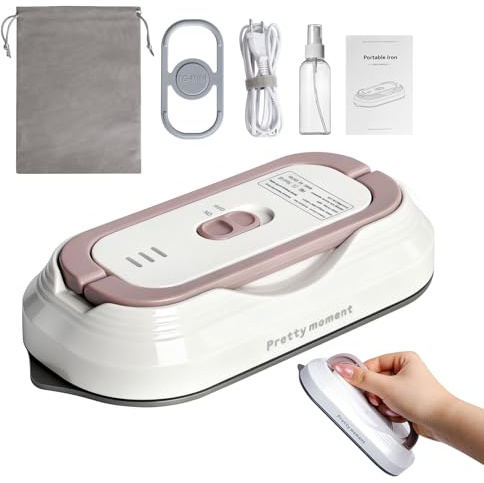 Mini plancha de viaje portátil con tensión universal 100-240 V, pequeña plancha de mano, sin vapor, superficie de cerámica, prensa caliente a 150 °C, con botella de spray, bolsa y soporte de silicona