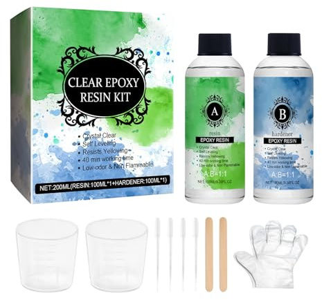 Epoxiharts set – kristalltransparent AB-harts-set, handgjorda gör-det-själv-pysselmaterial, gulningsbeständigt epoxiharts för nybörjare med handskar, mätkoppar, droppare och omrörningspinnar