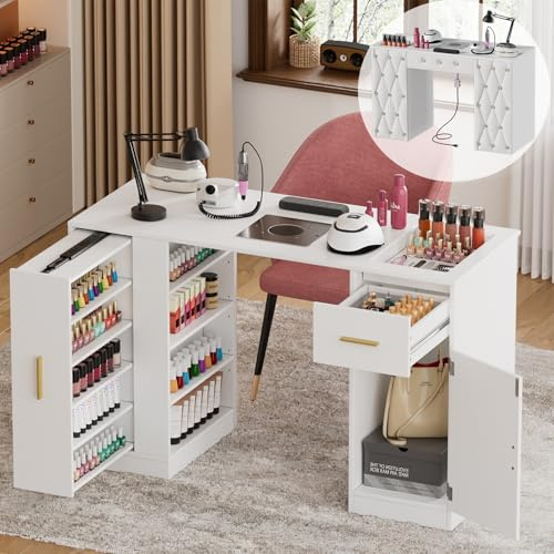 Tavolo per Manicure con Aspiratore Elettrico, Tavolo per Unghie in Legno con Cassetto e Armadietto per Salone di Bellezza, Ricostruzione Unghie Estetista Nail Art Onicotecnica, 108x45x77 cm, Bianco