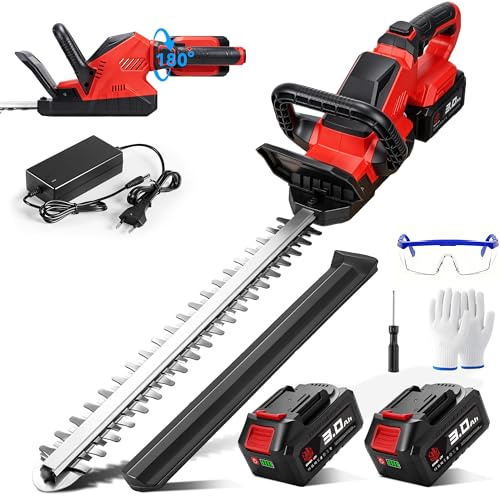 ONEVAN Cortasetos con batería con cabezal giratorio de 180°, hoja SK5 de 52 cm, corte de ramas de 16 mm, cortasetos eléctrico grande, con baterías de 2 x 3,0 Ah, gafas de protección y guantes