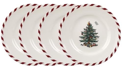 Spode Christmas Tree Canape Plates - Set of 4 | Peppermint Design, Holiday Appetizer Plate | Christmas Serving & Festive Dish | Seasonal Decorative Plate, Holiday Tableware