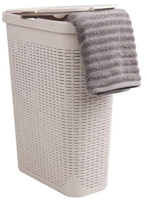Mind Reader Cesta de lavandería delgada de 40 litros, cesta de lavandería con asas recortadas, contenedor de lavado, almacenamiento de ropa sucia, baño, dormitorio, armario, marfil
