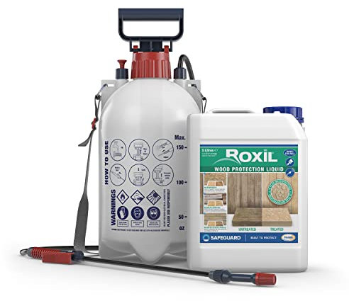 Roxil Wood Waterproofing Liquid (5L & Sprayer Clear) 10 Year Outdoor Wood Preserver, Sealer for Decking, Fence, Sheds and Furniture