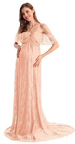 AYMENII Women Off Shoulder Ruffle Sleeve Lace Sweetheart Maternity Maxi Gown Photo Shoot Wedding Evening Baby Shower Dress Pink L