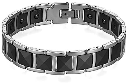 Flongo herrarmband keramik länkarmband porslin rostfritt stål magnetarmband premium herrsmycken vänster bred present för män svart silver vit, 21 cm, Rostfritt stål