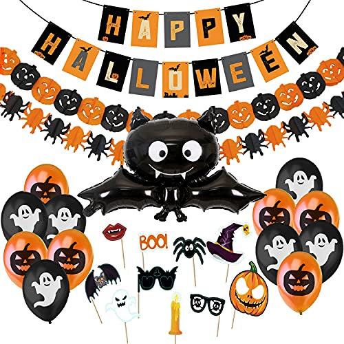Jonami Decorazioni Halloween Casa - Festone, Pipistrello Gigante, Ghirlande di Zucche e Ragni, Foto Booth Props e Palloncini Neri e Arancioni