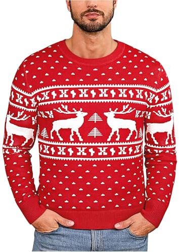 Uniexcosm Men's Christmas Jumpers Warm Xmas Sweaters Reindeer Knit Pullover Top Snowflake Sweatshirt Knitwear Red