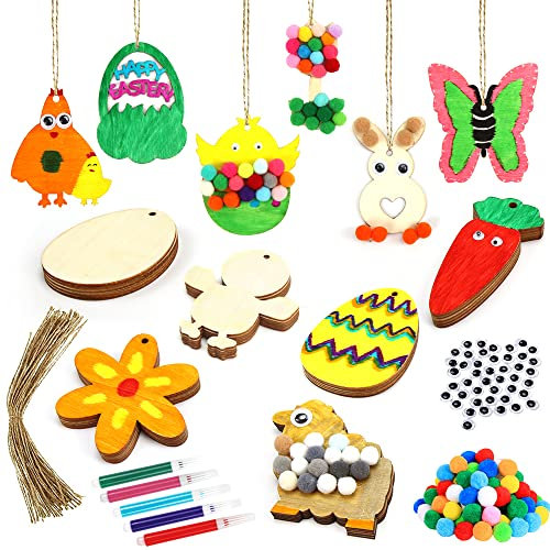 Sprinlot 60 Stück Ostern Unlackierte Holz, 12 Stile Osteranhänger Holz mit Pompons Kulleraugen und Stifte, DIY Ostern Basteln, Osterdeko zum Aufhängen für Kinder Frühling Dekoration