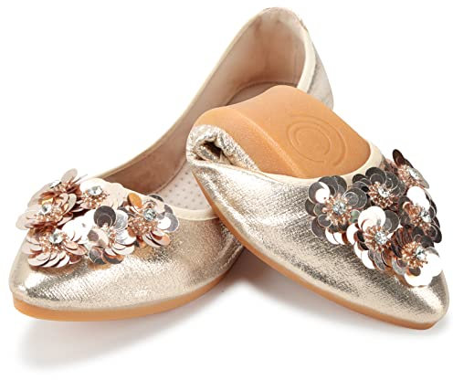 QIMAOO Damen-Ballerinas, faltbare Ballerina-Schuhe für Damen, flache Schuhe, aufrollbare Schuhe, Schlupfschuhe, Pailletten, Gold, 37.5 EU