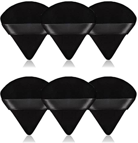 6 Pack Triangle Powder Puff for Face Makeup, Soft Velour Powder Puffs with Finger Strap, Reusable Makeup Puff for Loose Powder, Foundation, Setting Powder & Concealer - Black