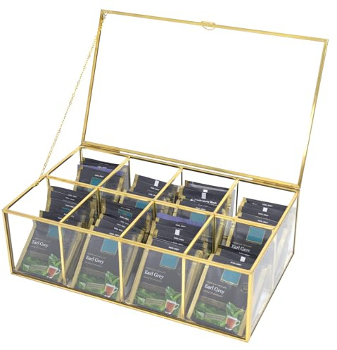 Gold Glass Tea Bag Organizer, Tea Box, Tea Bag Container (8 Compartments) | Tea and Coffee Organizer, Clear Storage Glass Box with Lid, Counter Top Collection Box for Tea, Surgar & Coffee Bags