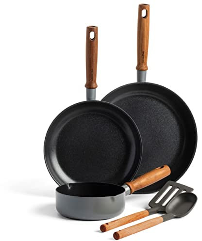 GreenPan Mayflower Pro Harteloxierte Keramische Antihaftbeschichtung, 5-teiliges Kochgeschirr Topf- und Pfannenset, Vintage Holzgriff, PFAS-frei, Induktionsgeeignet, Holzkohle Grau