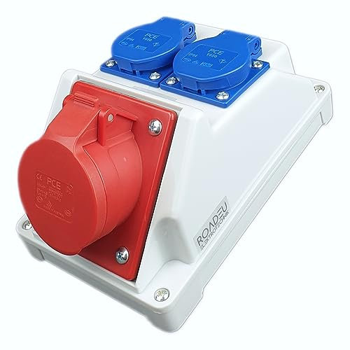 RoadEu - Kombi Wandsteckdose 16A 5P - Wandverteiler 16A mit 2x Schuko 230V - Stromverteiler IP44 - Innen und Außen Baustromverteiler 16A - PCE Steckdosen