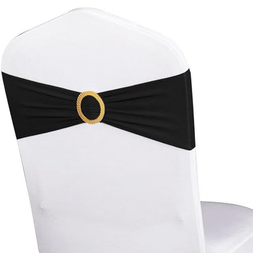WENSINL Pack of 50 Spandex Black Chair Sashes with Gold Buckles, Stretch Chairs Sashes for Wedding Party Baby Shower Ceremony Event Decorations Chair Bands Bows (Black Sashes, Gold Buckles)