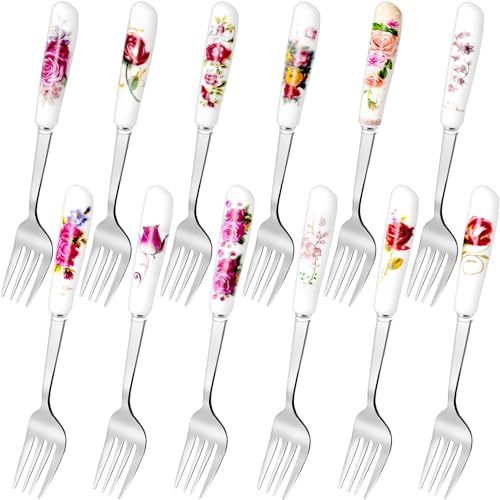Loppdece 12Pcs Dinner Forks, Stainless Steel Floral Design Flatware with Ceramic Handle, Dessert & Table Forks for Home & Restaurant (12 Floral Patterns)