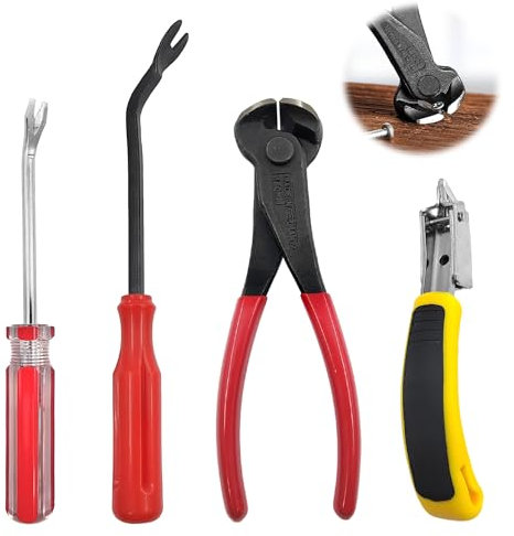 4 Pcs Nail Puller Tool Kit, Elbow Staple Remover + Red Handle Staple Remover + Flat Top Cutting Pliers + Yellow and Black Staple Remover, Pry Bar Set Hand Tools, for Furniture Floor Wall