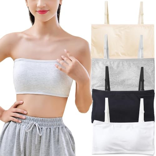 Teen Girls Bandeau Bra Cotton Strapless Underwear T-Shirt Bras with Fixed Pad and Detachable Strap Seamless Tube Top Wireless Bralettes for 10-16 Years, 4 Pack