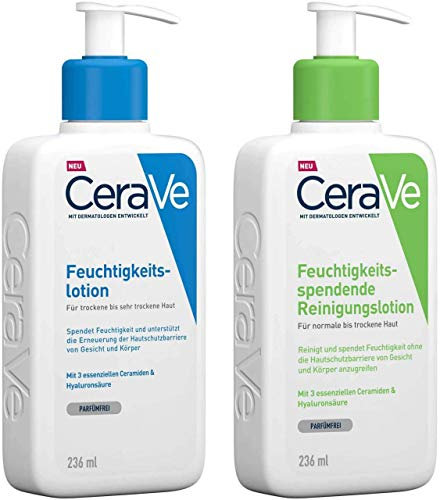 CeraVe Feuchtigkeitslotion 236 ml + feuchtigkeitsspendende Reinigungslotion 236 ml - Langanhaltende Feuchtigkeit - Für