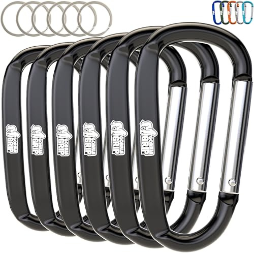 GORILLA GRIP Carabiner Clip, 3 D Ring, Pack of 6 Heavy Duty Aluminum Key Holder Clips Hold 170lbs, Rust, Scratch-Resistant Camping Essentials, Hiking Gear, Tactical Backpacking Keychains, Black