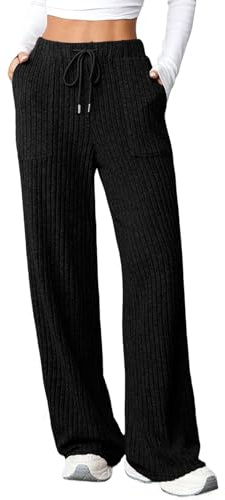 Aleumdr Women's Ribbed Wide Leg Lounge Pants Knit Pajama Fall Black Large