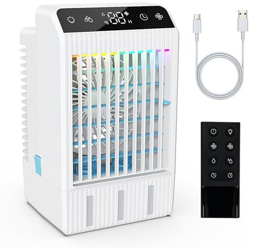 Klimaanlage Mobil, Leise Luftkühler mit 1000 ml Wassertank, 2-12H Timer, 4 Geschwindigkeiten 7 Farben Nachtlicht, Mini Klimagerät ohne Abluftschlauch, Luftkühler Geeignet für Schlafzimmer (Weiß)