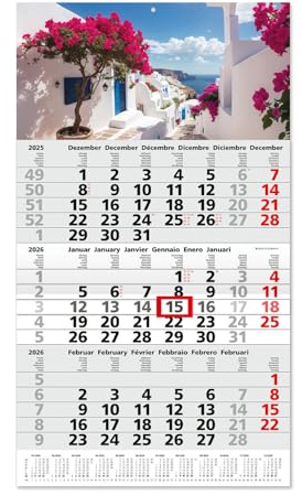Timr calendrier 3 mois 2026 vue annuelle - 53 cm - international multilingue D GB F I E NL - calendrier mural avec curseur - thème Grèce I tr346