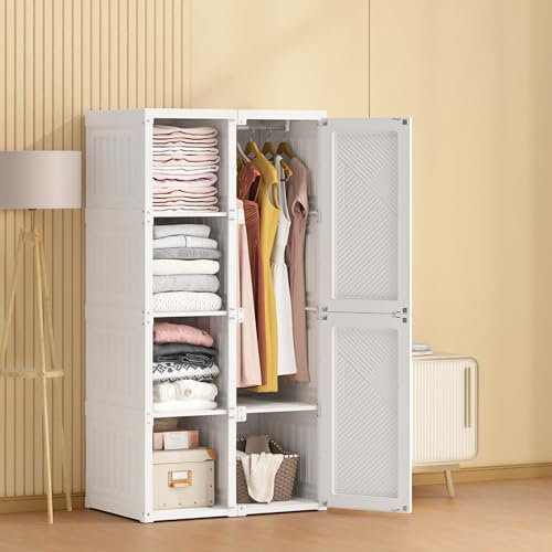DAHUEN Armario plegable, con 15 compartimentos, 6 puertas, 1 suspensión, sin montaje, espacio de almacenamiento superior, armario multiusos, para salón, dormitorio, material PP, blanco, 170 x 69 x 50