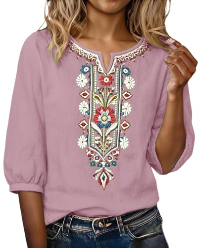 Cotton Tops for Women UK Oversized Bohemian Embroidered Tops Summer 3/4 Sleeve Vintage Loose Elegant Blouses Ladies Beach Leisure Hippie Clothes Retro Floral Pattern Tunics L, Pink Style#1