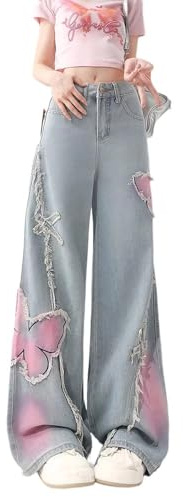Y2K Baggy Ripped Jeans for Women – Wide Leg Butterfly Print & Star Patch Distressed Denim Pants High Waist Streetwear (US, Alpha, Medium, Regular, Regular, Blue3)