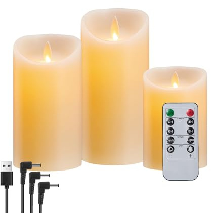 Koelaa Pack de 3 Velas LED de Cera Real Recargables - Efecto Llama Parpadeante con Mando a Distancia, Temporizador 2/4/6/8H - Velas Decorativas sin Llama para Navidad, Bodas, Cenas Románticas