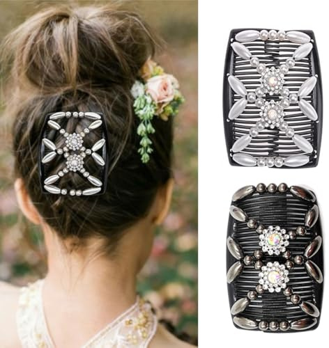 TSUOUKL 2 fermagli per capelli da donna, con perle elastiche, fermagli per capelli, da donna, con doppio pettine per capelli, per donne e ragazze
