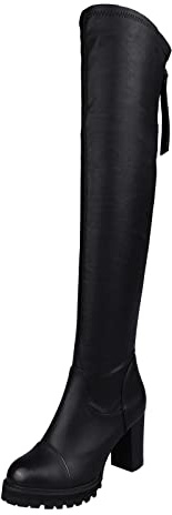 Generisch Damen Stiefel einfarbig Reißverschluss hinten klobige High Heel Stretch Overknee-Stiefel (Black, 40)