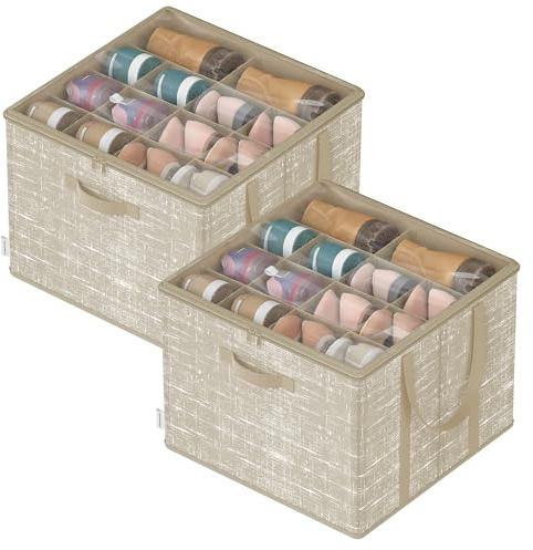 SONGMICS Organizer Scarpe, Set di 2, Ciascuno per fino a 16 Paia, Scatole Contenitori Scarpe, Maniglie, Coperchio Trasparente, per Camera da Letto Ingresso Armadio, Beige Cappuccino LSP602LF01