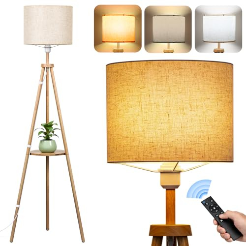 Lampada da Terra Treppiede in Legno con Ripiano Lampade da Terra Dimmerabile con E27 12W Lampadina 3 Colori Dimmerabili 3000K-6000K Piantana da Salotto con Telecomando per Soggiorno Camera Ufficio