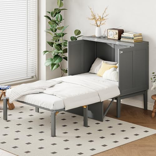 HaoChrymec Cama Abatible de Pared con Madera, Diseño Plegable Vertical con Somier y Ahorro de Espacio, Cama Abatible 90x200, Cama Plegable Pared, Adecuada para Dormitorio y Estudio, Gris, 90x200 cm