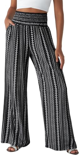 Dokotoo Ladies Trousers Women's Summer Boho Floral Wide Leg High Waist Smocked Bagyy Palazzo Pants for Women Loose Casual Pant with Pocket S-XXL