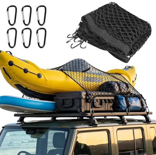 Double Layer Cargo Net Elastic 120x120cm Stretches to 210x210cm, Polyester Storage Net with 6 Metal Carabiners, Easy Installation Truck Bungee Net, Anti-Falling Organizer Net for Pickup Truck Van SUV