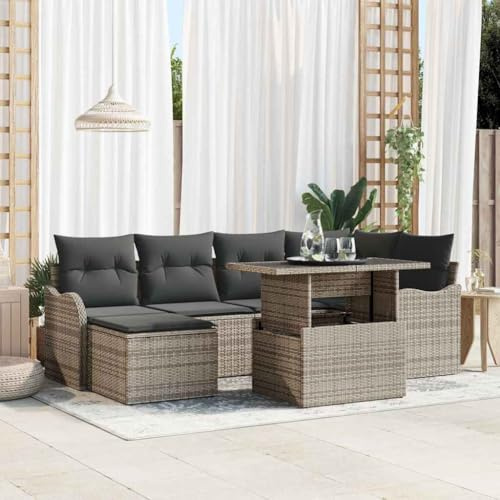 Runheo Ensemble canapé Jardin modulable 7 pièces Gris en Poly rotin avec Coussins Confortables, Banquette Angle Convertible, Table en Verre, idéal terrasse Balcon extérieur détente