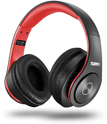 TUINYO Stereo Headset drahtloser Kopfhörer mit tiefen Bässen, weichen Ohrenschützern aus Memory-Protein, eingebautem Mikrofon Kabel PC/Handy/Fernseher (Black/red)