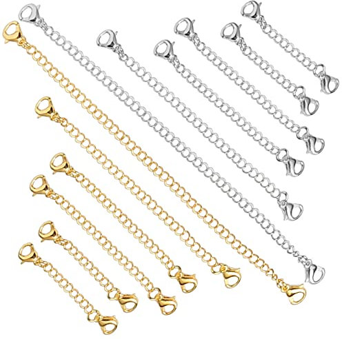 12 pcs Jewelry Extension Chain, Anti-Allergy Stainless Steel Lobster Clip Safety Necklace Extender Chain Bracelet Extender 2 3 4 5 6 inch for DIY Jewelry Making(Gold,Silver)