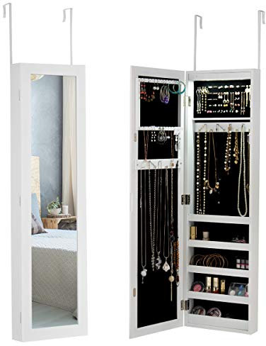 GIANTEX Schmuckschrank mit LED, Schmuckregal Schmuckkommode mit Ganzkörperspiegel, Spiegelschrank Wandschrank für Ketten, Ohrringe, an der Tür hängend, Wandmontage, weiß