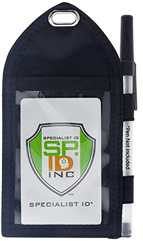 Heavy Duty Badge Wallet with Pen Loop Holder - Double Pocket Key Card Holder - Clear Front Display Window - Secure Back Pouch for Cards, Money, Flash Drive and More by Specialist ID (Black)
