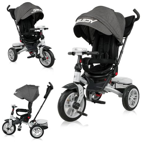 Lorelli Dreirad Speedy ab 1 Jahr mit Schubstange, Tricycle 360 drehbar, 3-Punkt-Sicherheitsgurt, Verstellbarer Elterngriff, Freilaufrad Funktion, Luftreifen, Spielzeugkorb, schwarz-grau
