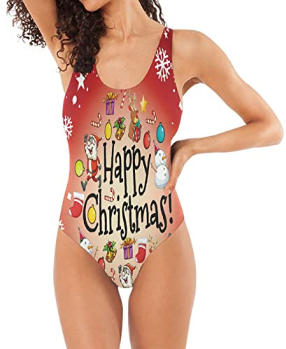 BEUSS Red Christmas Cute Xmas Swimwear Monokini Beachwear One Piece Swimsuit Bathing Suits for Women Teen Girl