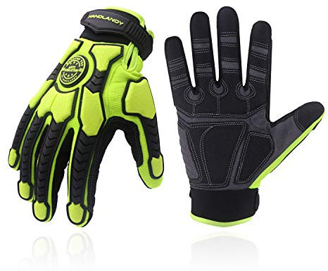 HLDD HANDLANDY Schwerlast Arbeitshandschuhe, SBR Polsterung, TPR Schutz Aufprallhandschuhe, Anti Vibrations Mechaniker Arbeitshandschuhe für Herren und Damen Touchscreen (Grün, L)