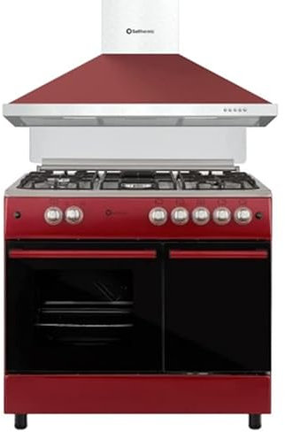 PACK SOLTHERMIC 90 CM ROJO BURDEOS COCINA PORTABOMBONA Y CAMPANA (HORNO A GAS 64L), 5 QUEMADORES